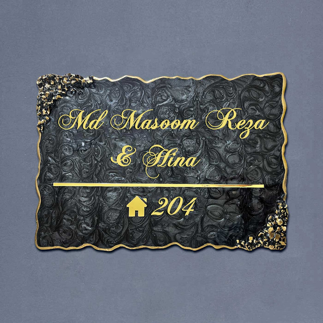 Personalized Resin Metallic Golden And Black Name Plate - Front View with Name Personalization