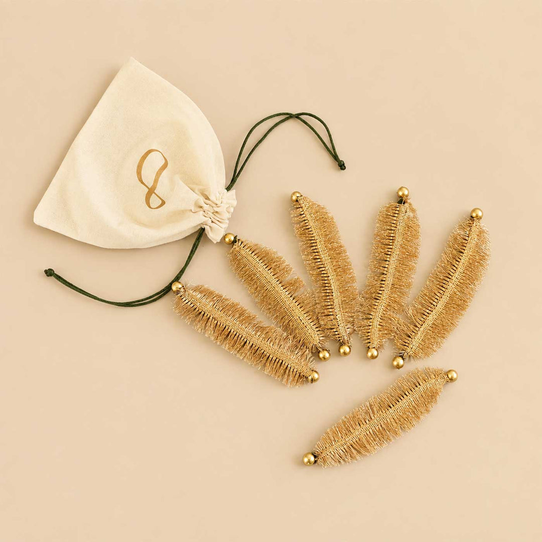 6 Pc | Handcrafted Leaf Lace And Bead Golden Napkin Ring For Dining Table