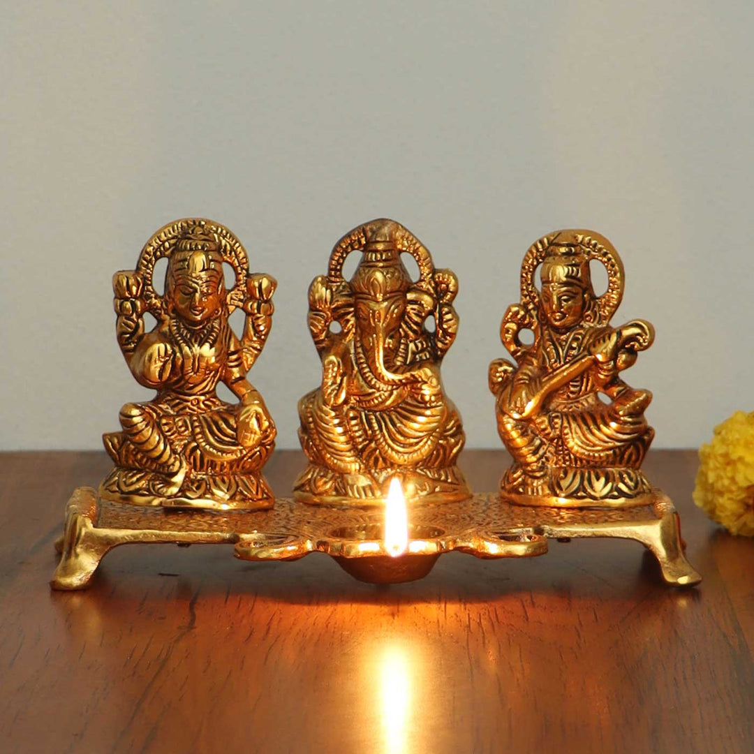 Handmade Lakshmi Ganesh Saraswati Aluminium Oil Lamp / Diya For Pooja Decor