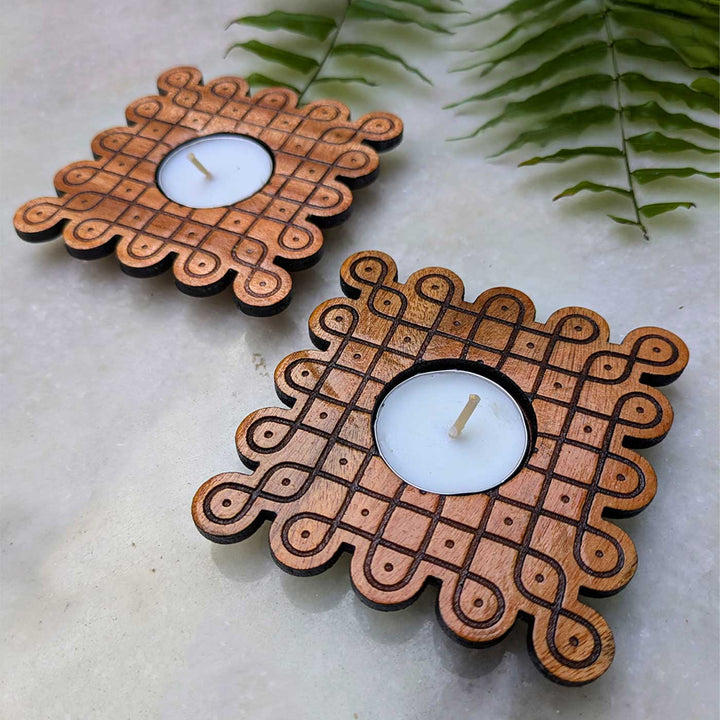 4 pc | Looped Square Hand-Engraved Mahogany Wood Kolam Tealight Holders