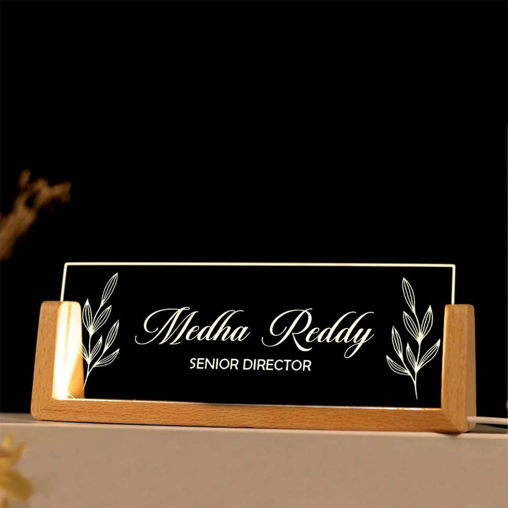 Personalized Profession Floral Theme Sleek Glass Desk Nameplate With Led Light - Name Plate Front View on Stand