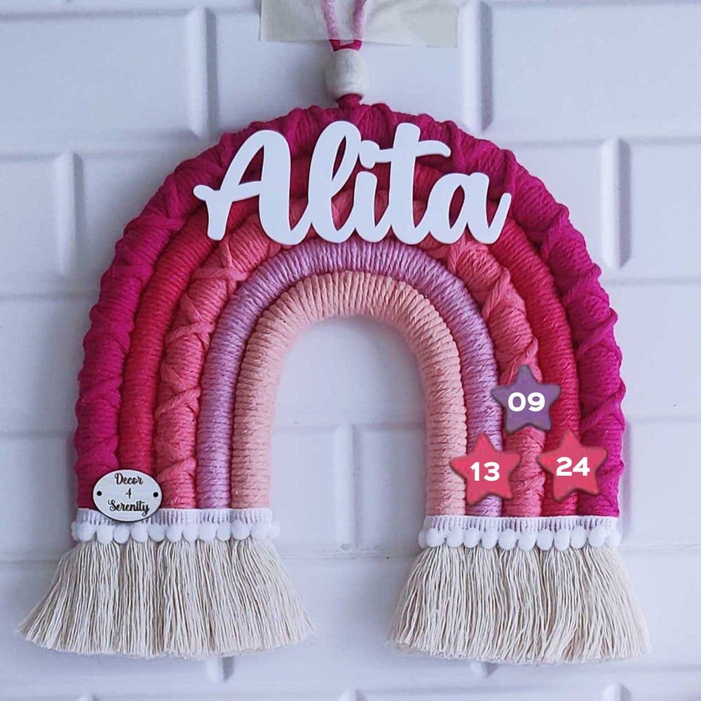 Personalized Handmade Macrame Pink Rainbow Kids Name Plate And Bunting Combo With 3D Letters - Name Personalization Example Front View