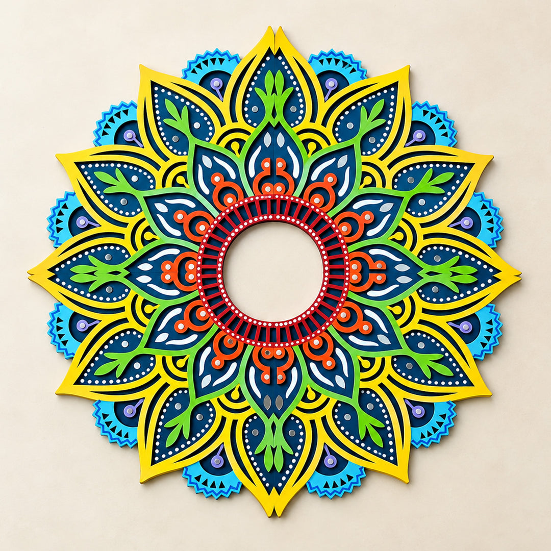 4 Pc | Hand-Painted Blue & Yellow Floral Mdf Split Rangoli For Festive Decor