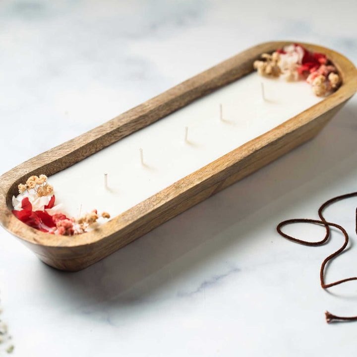 12 Inch | Handmade Wooden Boat Shaped Wax Scented Candle With Dry Flowers