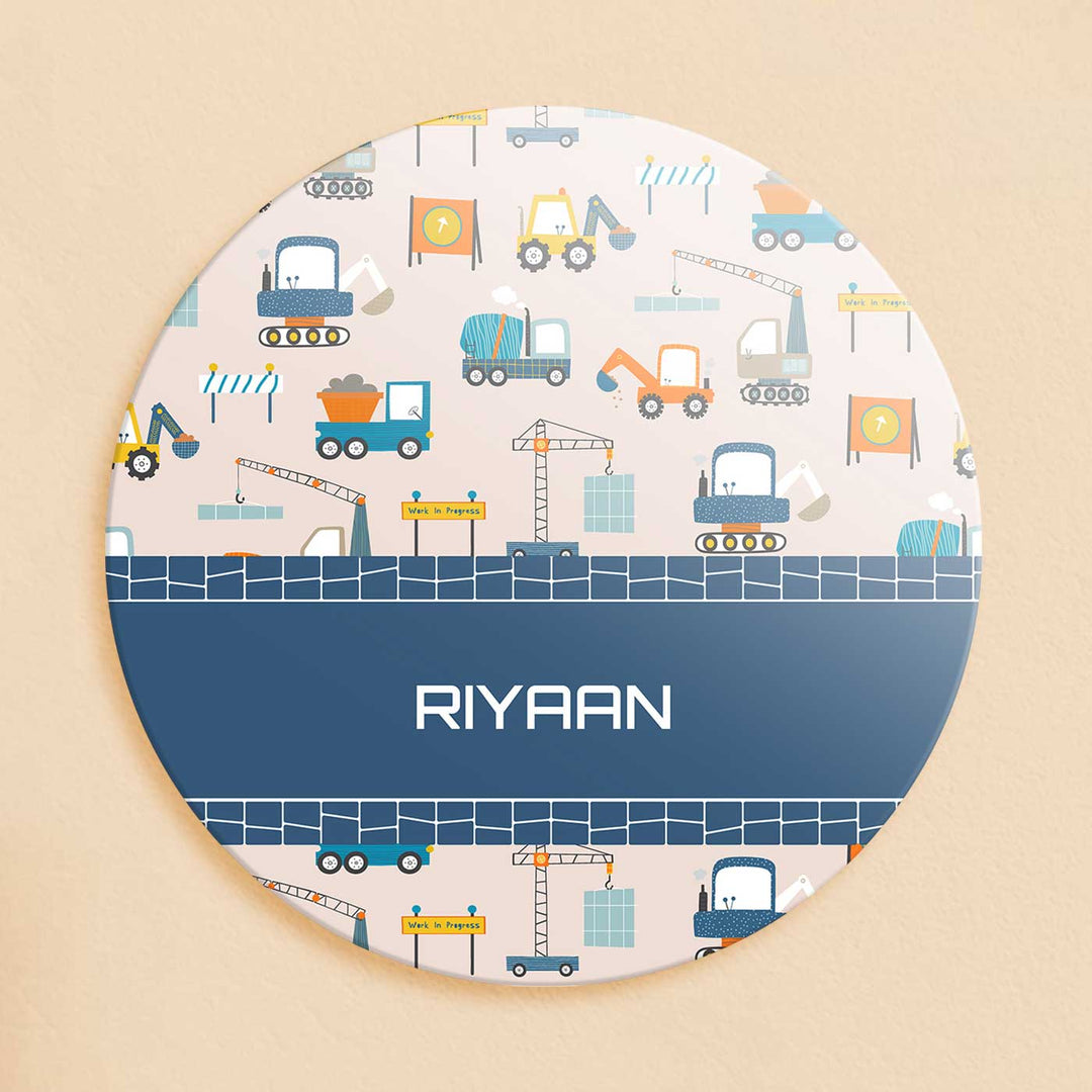 Personalized Construction Site Theme Acrylic Kids Name Plate - Name Personalization Example Front View