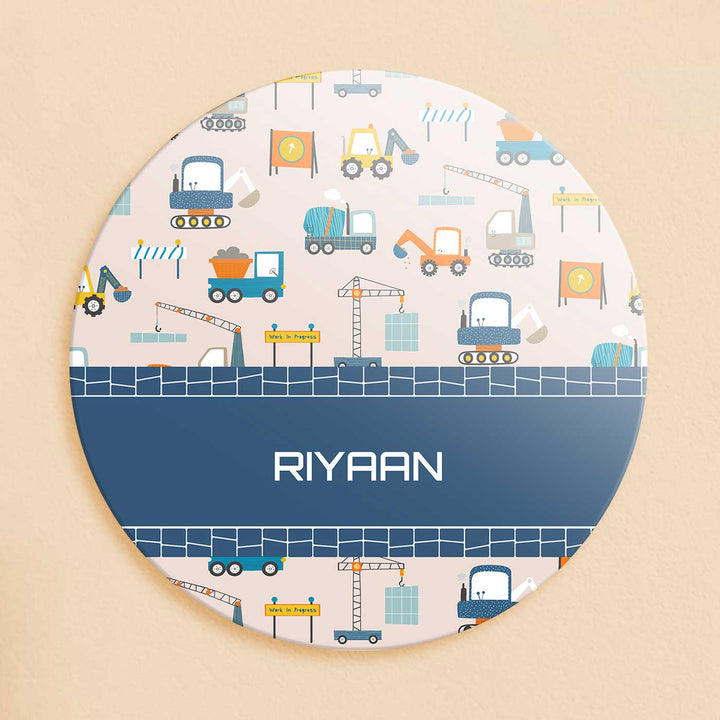 Personalized Construction Site Theme Acrylic Kids Name Plate - Name Personalization Example Front View