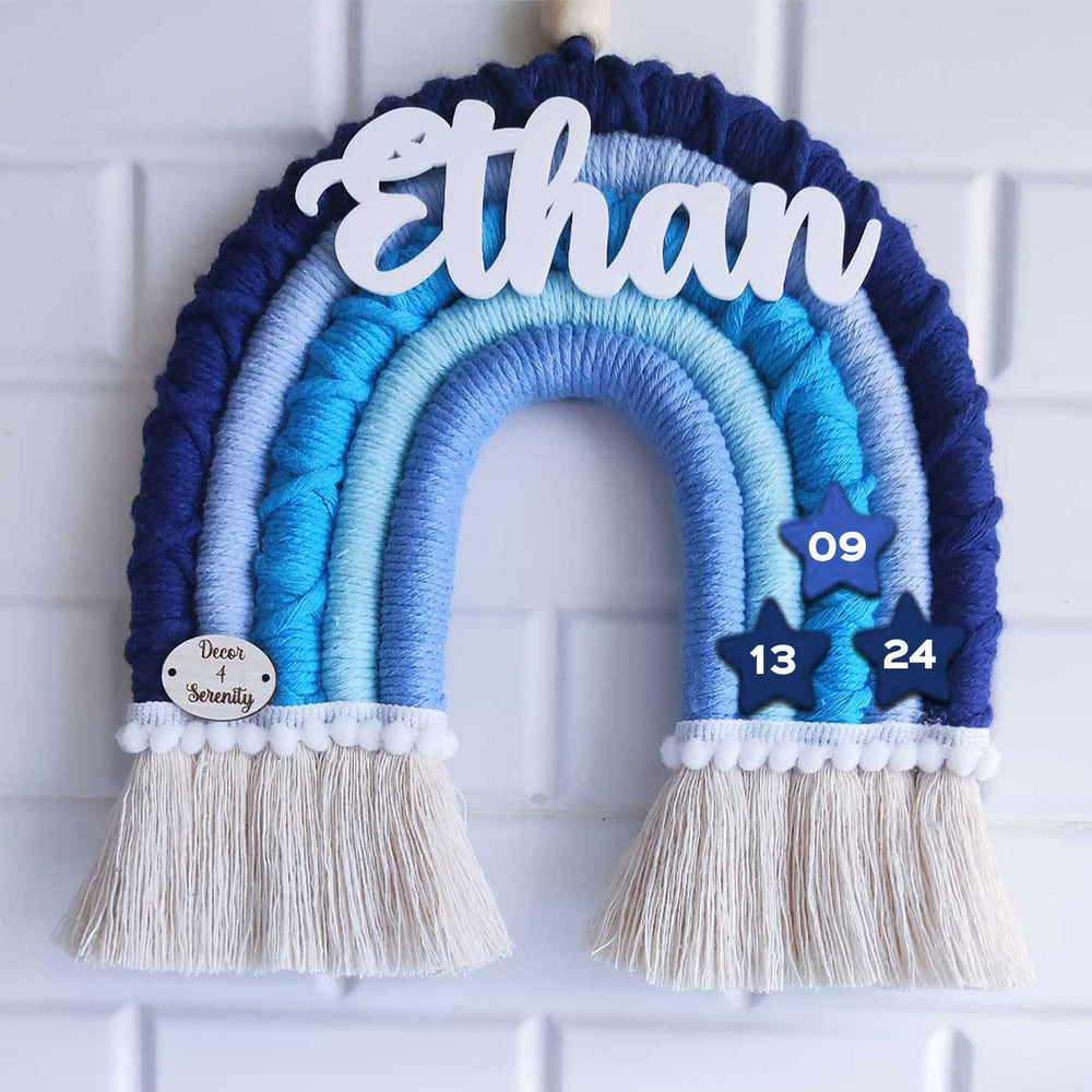 Personalized Handmade Macrame Blue Rainbow And Tassel Garland Combo Kids Name Plate And Bunting Combo With 3D Letters - Front View with Name Personalization