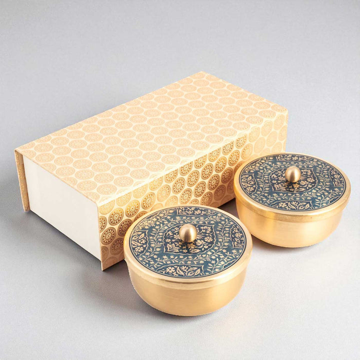 Hand-Painted Omkar Brass Gift Hamper | Includes 2 Containers And 1 Gift Box