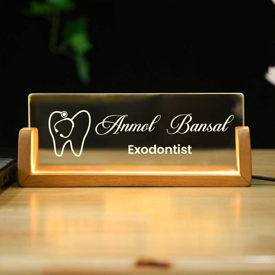 Personalized Dentist Sleek Glass Desk Nameplate With Led Light - Illuminated Front View on Stand