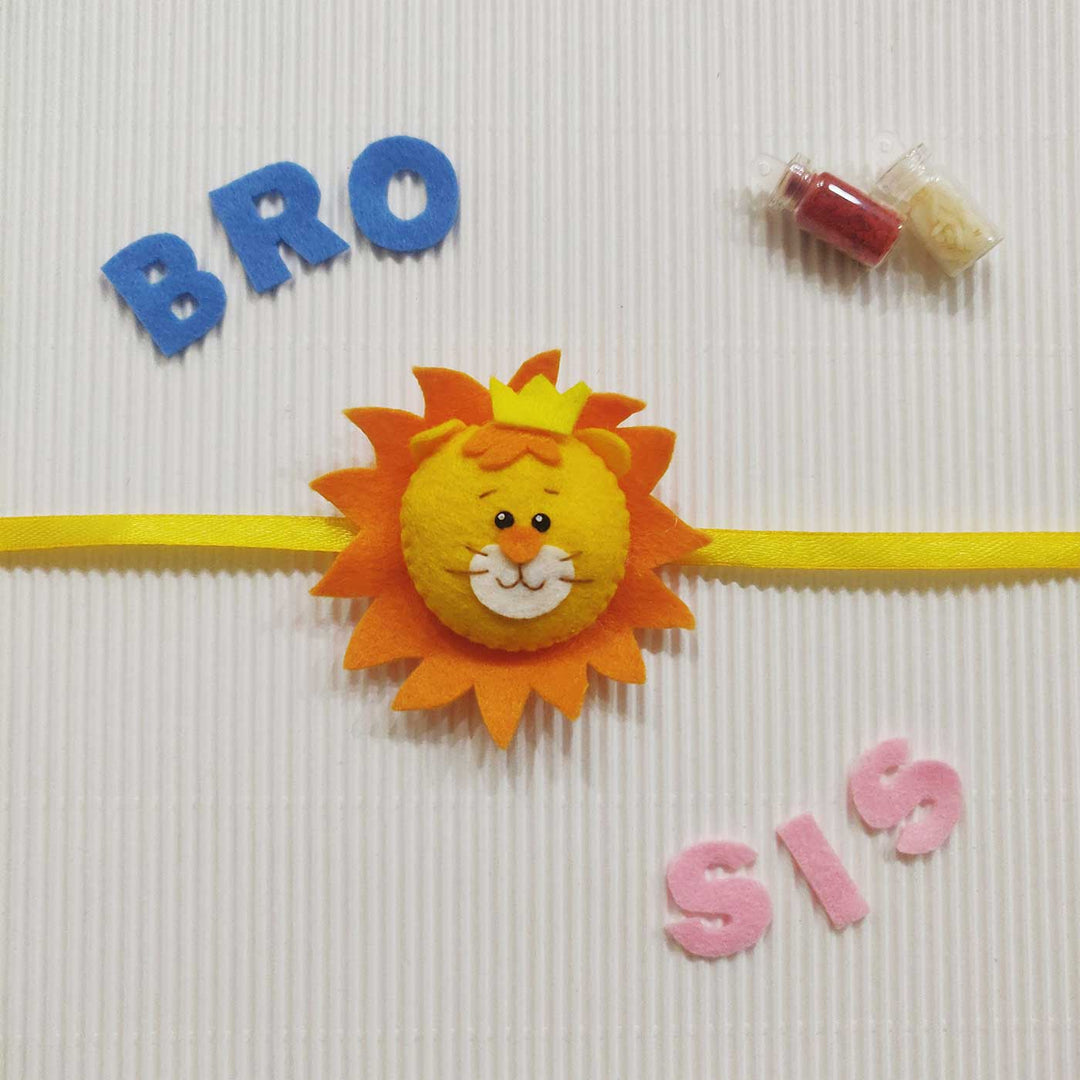Handmade Lion Theme Felt Kids Rakhi With Roli Chawal 10 - Front View with "BRO" and "SIS"