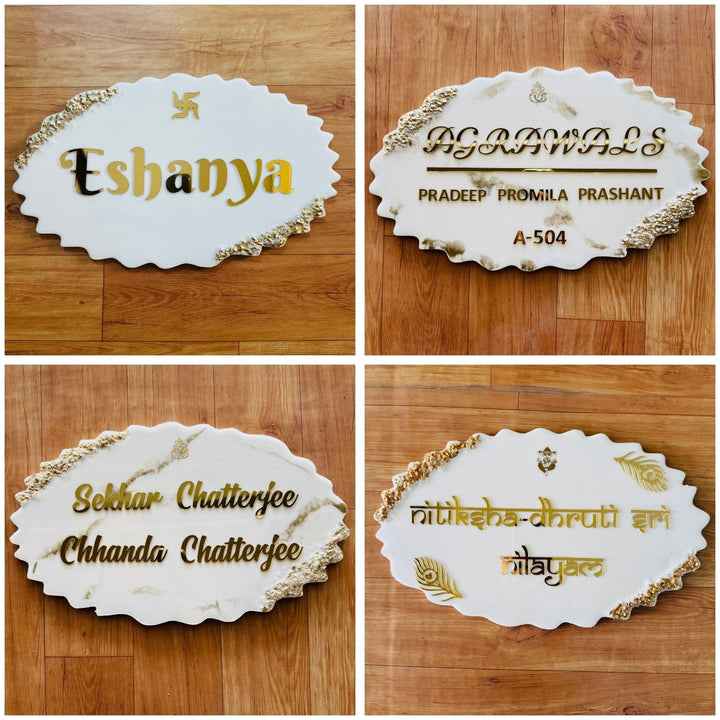 White & Gold Personalized Marble Effect Oval Resin Name Plate | With 3D Acrylic Letters & Gold Stone Embellishment