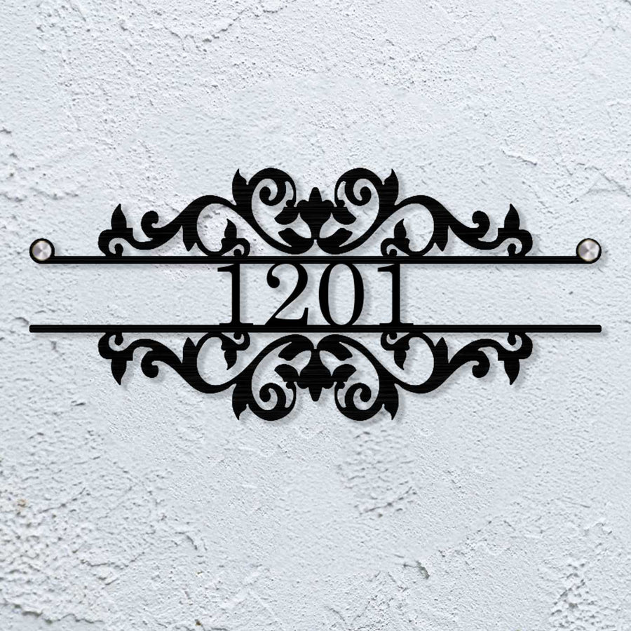 Personalized Laser Cut Ornate Design Steel Name Plate - Mounted on Textured Wall