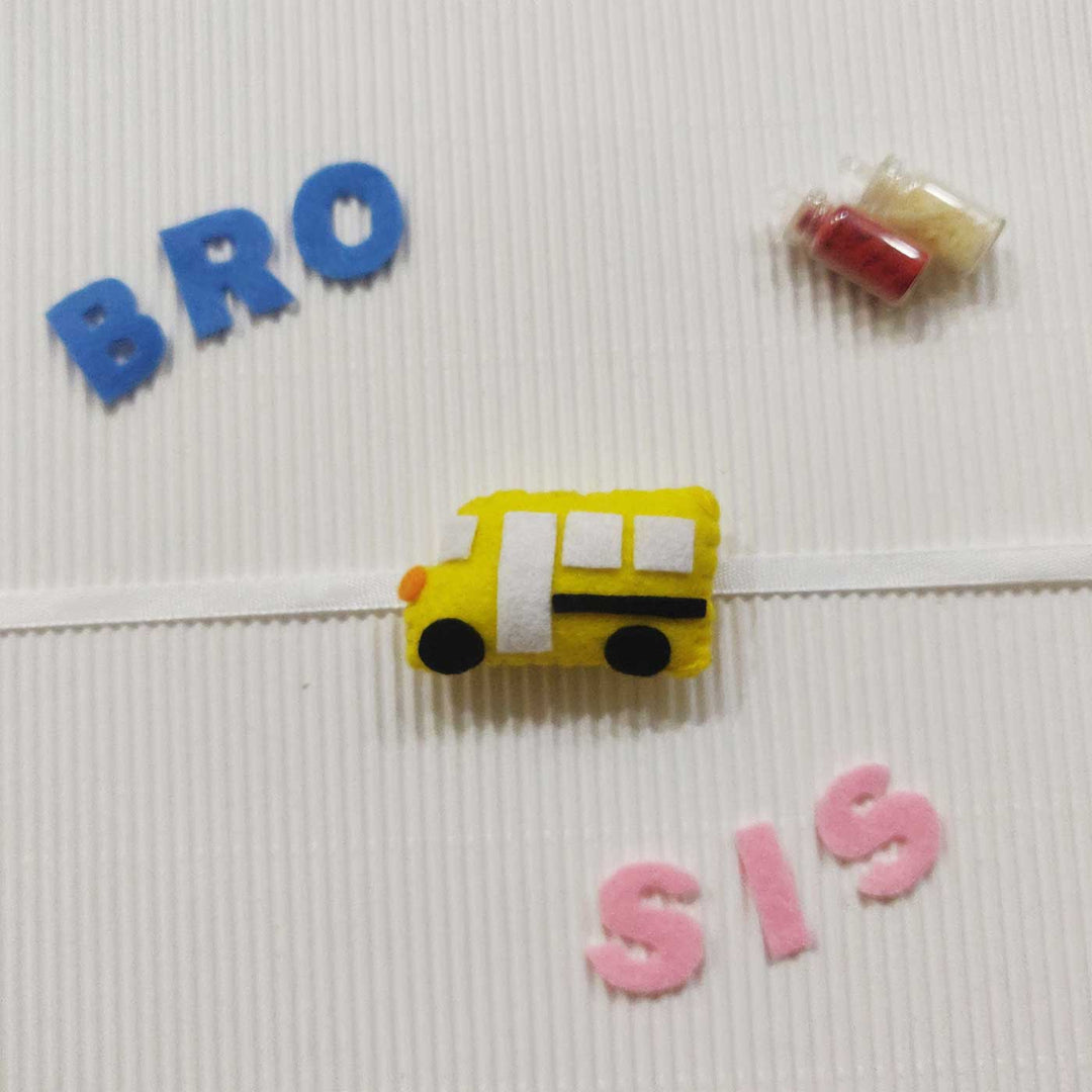 Handmade Bus Theme Felt Kids Rakhi With Roli Chawal - Single item with text props