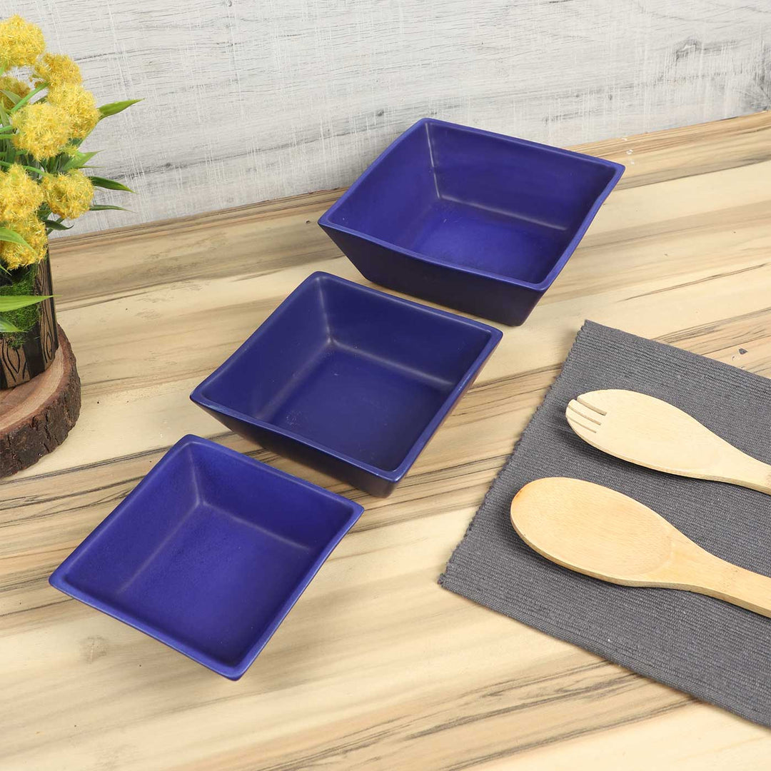 Handmade Blue Square Snacks Bowl | Set Of 3