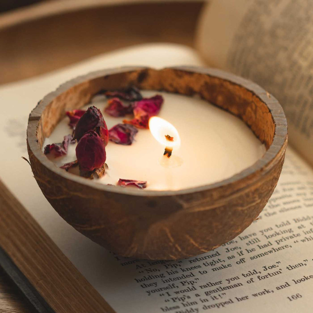 10 Pc | Eco-friendly Handmade Rose Scented Coconut Shell Candle