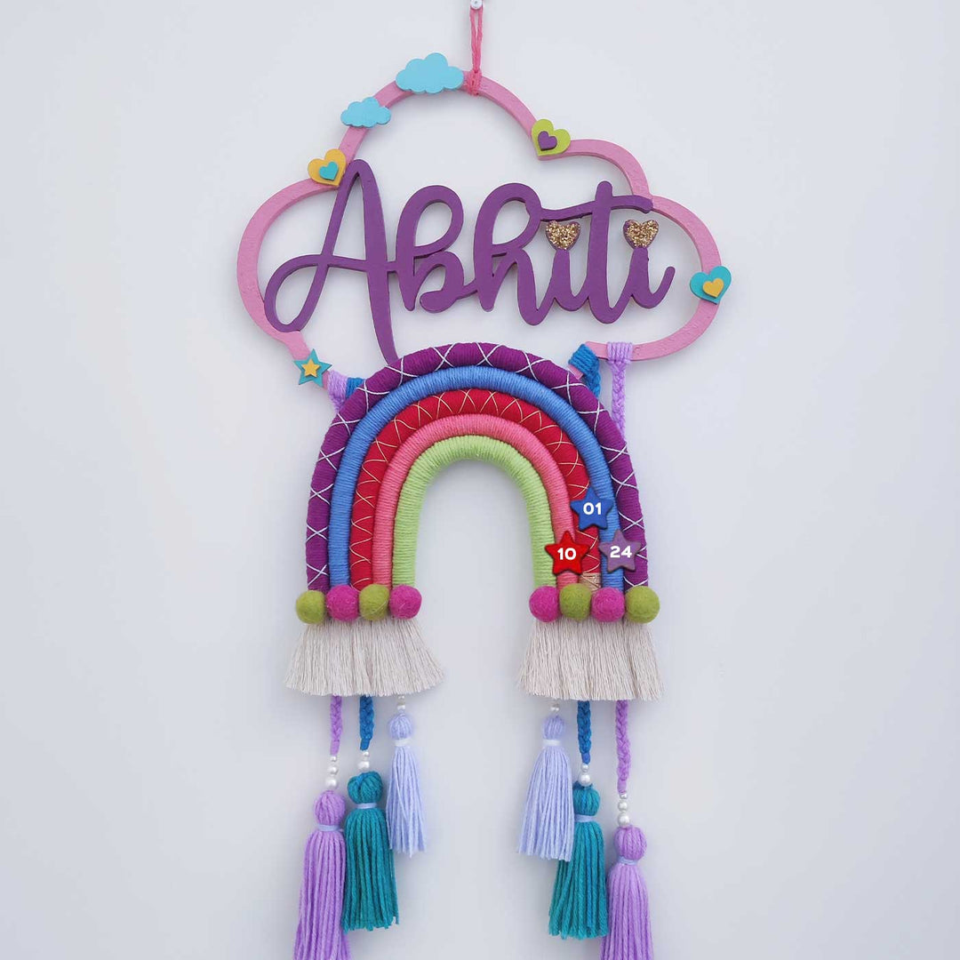 Personalized Handmade Macrame Cloud Rainbow And Tassels Kids Name Plate With 3D Letters - Front View Hanging on Wall