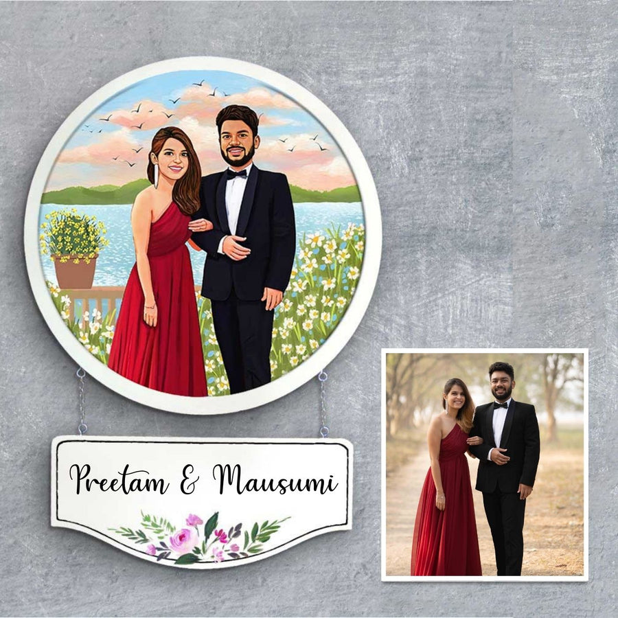 Photo Caricature Hanging Name Plate - Personalized Portrait with Name Plate