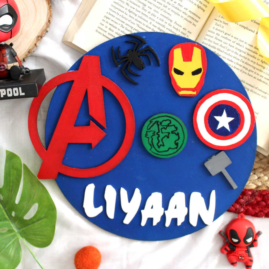 Personalized Hand Painted Avengers Mdf Wood Kids Name Plate - Name Personalization Example Flat Lay