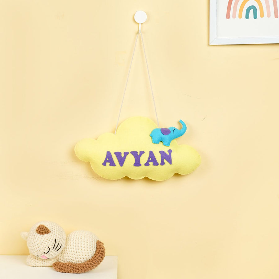 Handmade Personalized Elephant On Moon Felt Kids Name Hanging - Hanging Front View with Name Personalization