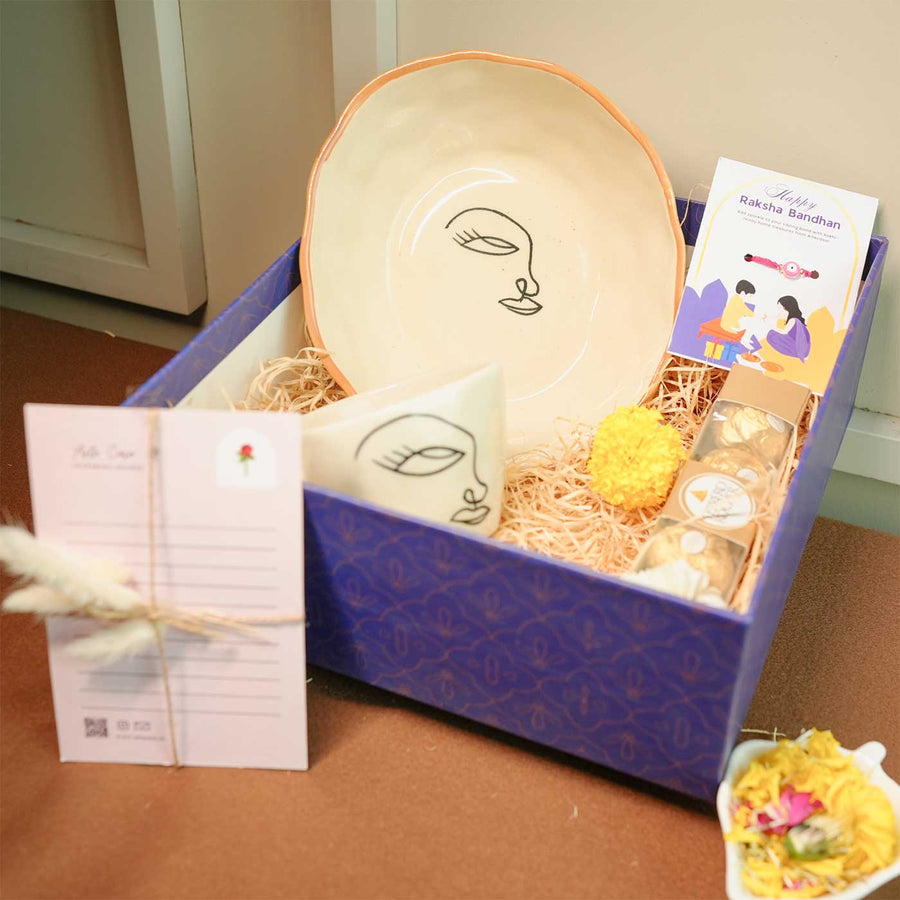 Personalized Handmade Food Lover Bhabhi Rakhi Hamper Includes 1 Gift Box 1 Mug 1 Bowl 1 Rakhis 1 Roli Chawal 1 Chocolate And 1 Message Card - Gift Box Overview