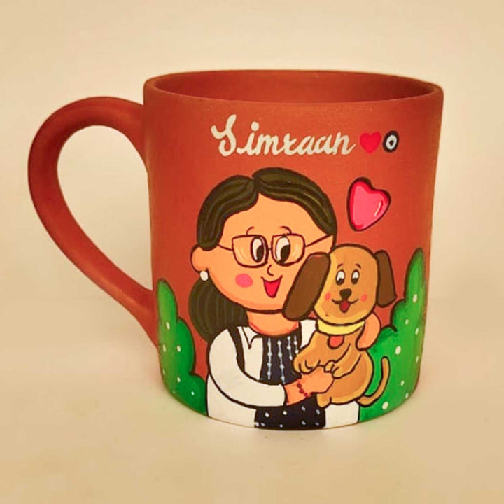 Pet Lover | Photo Personalized Handpainted Terracotta Mug with Caricatures and Background
