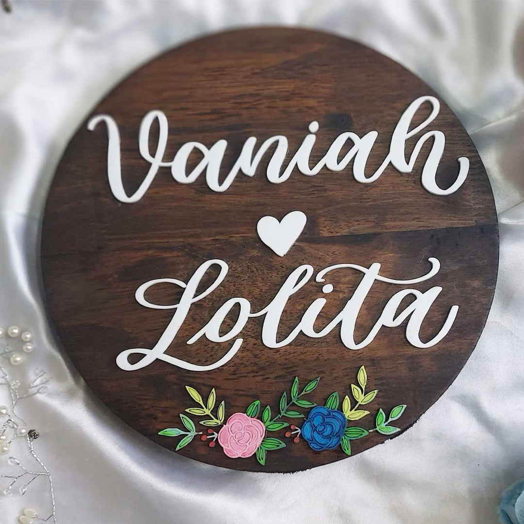 Personalized Round Floral Theme Wooden Name Plate - Top View of Personalized Sign