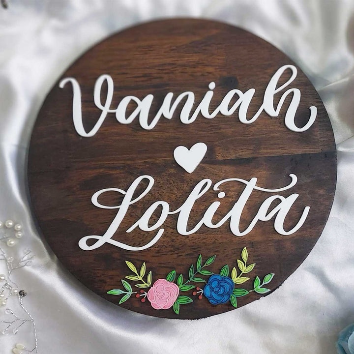 Personalized Round Floral Theme Wooden Name Plate - Top View of Personalized Sign