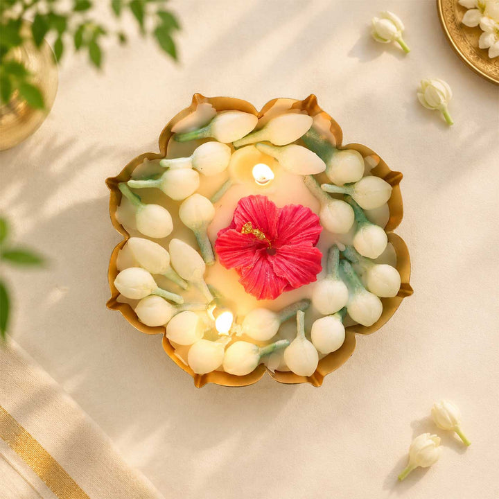 Mogra Handmade Floral Soy Wax Scented Metal Urli Candle