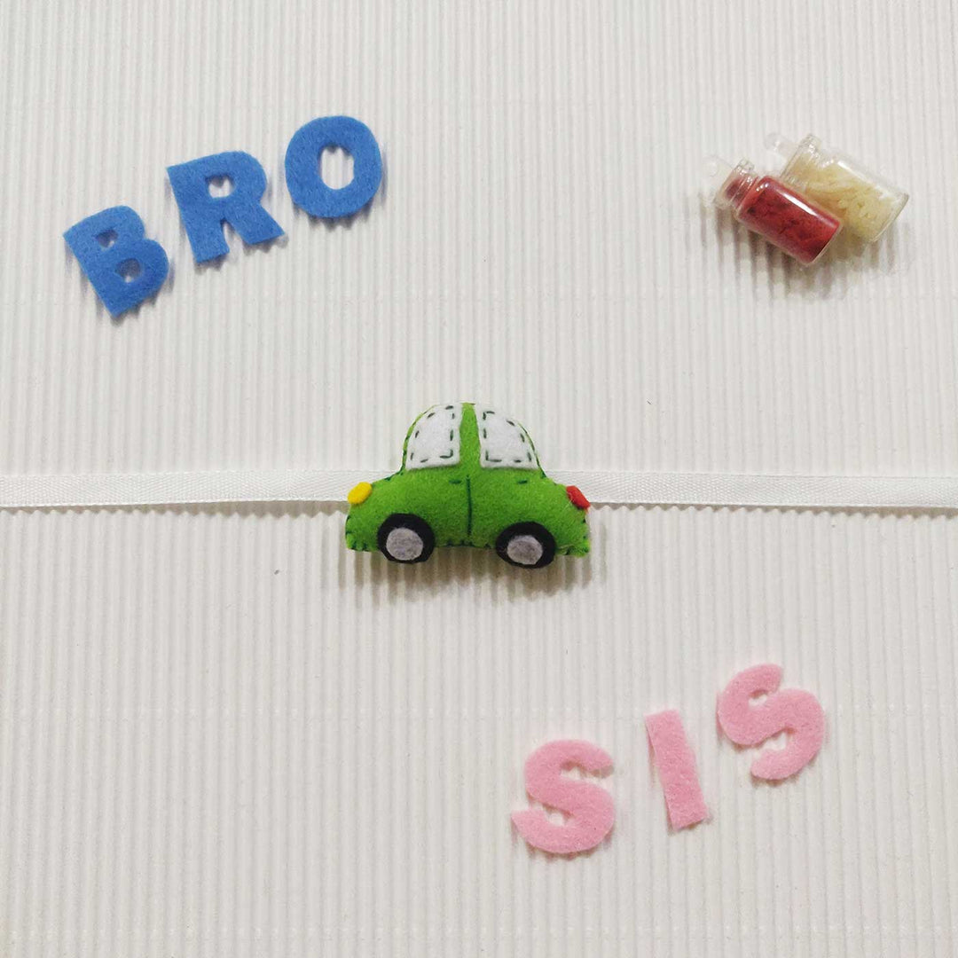 Handmade Car Theme Felt Kids Rakhi With Roli Chawal 10 - Car on Ribbon with Letters