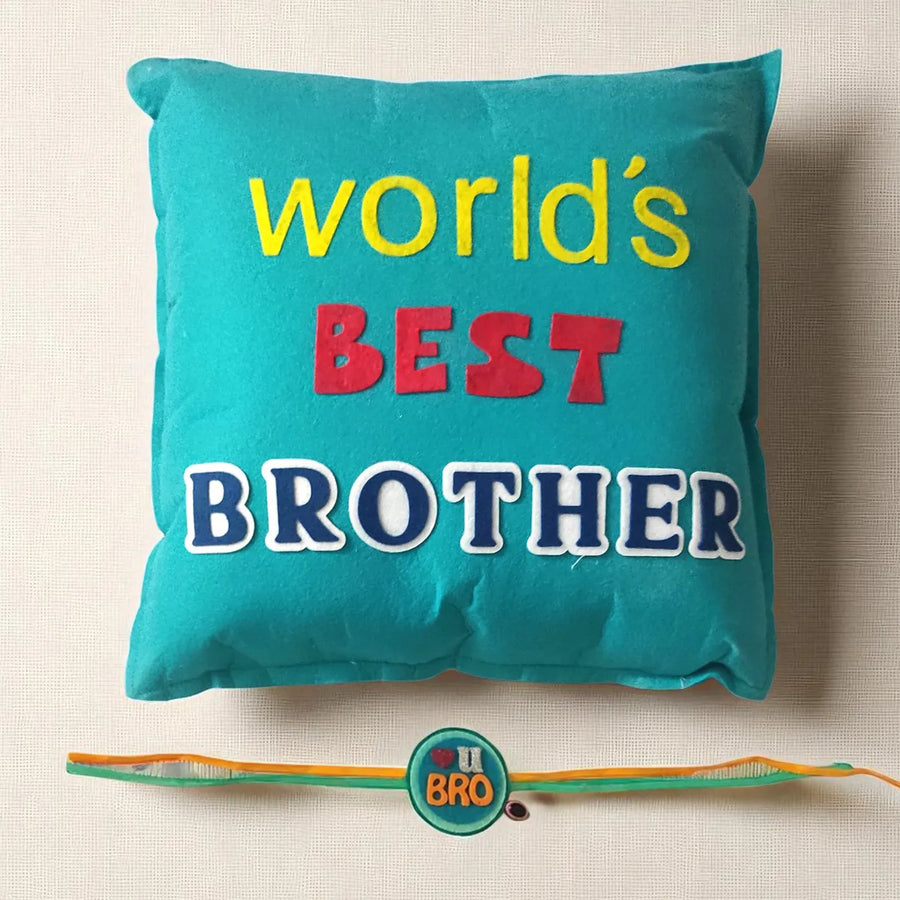 Handmade Worlds Best Brother Felt Rakhi Hamper With Roli Chawal Includes 1 Pillow 1 Rakhi - Pillow with Bracelet Laid Out