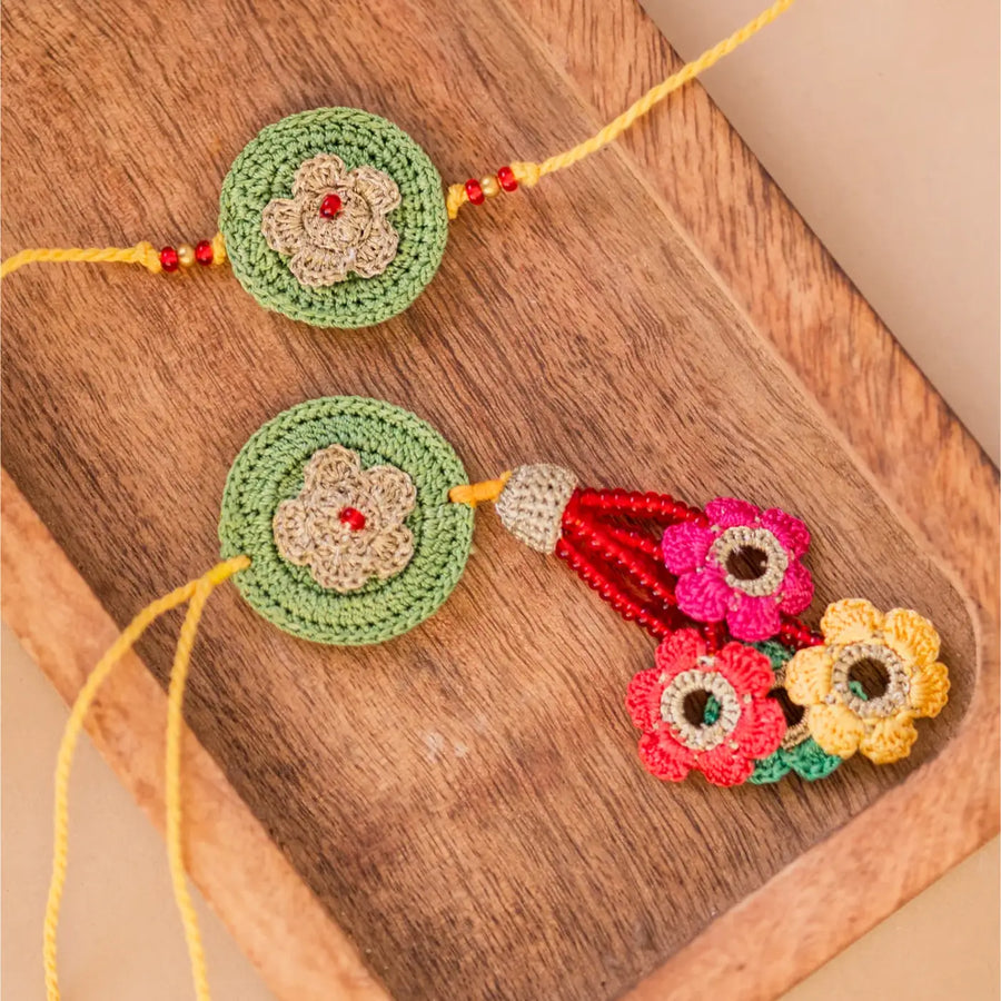 Handmade Crochet Green Mandala Bhaiya Bhabhi Rakhi With Roli Chawal Set Of 2 - Close-up of Handmade Decor