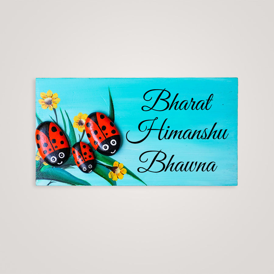 Hand Painted Ladybugs Pebble Name Plate 1 - Front View with Name Personalization