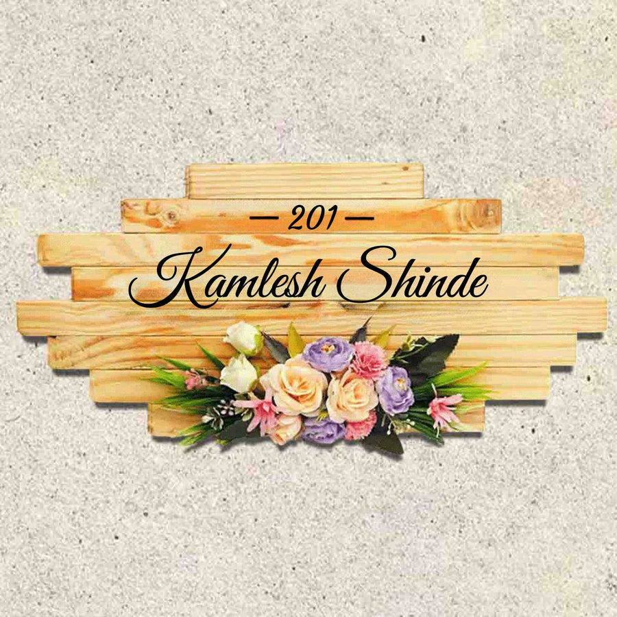 Personalized Handmade Floral Wooden Name Plate With 3D Letters - Front View with Floral Decoration