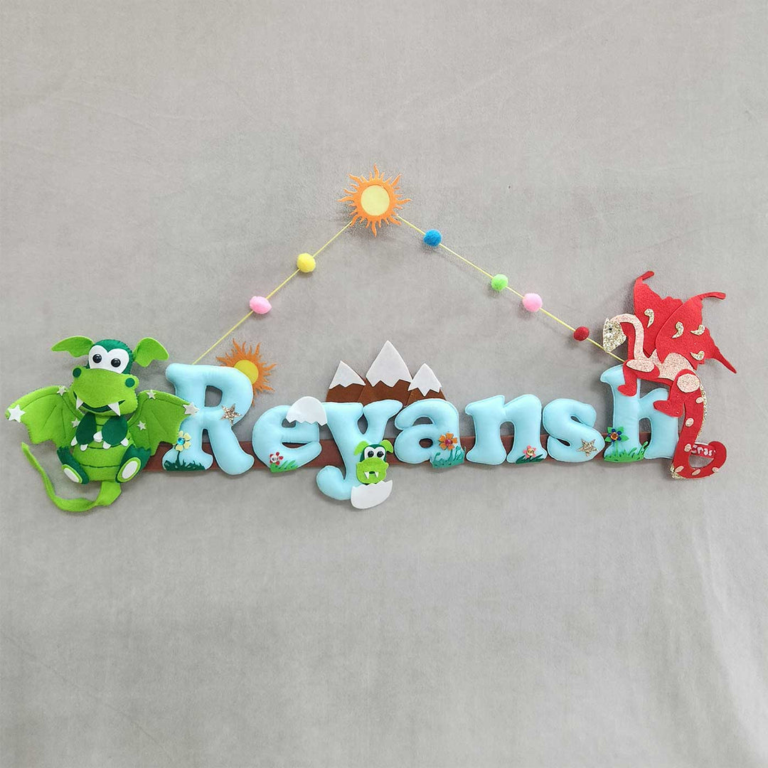 Personalized Dragon Theme Felt Kids Name Plate - Hanging Name Decoration Front View