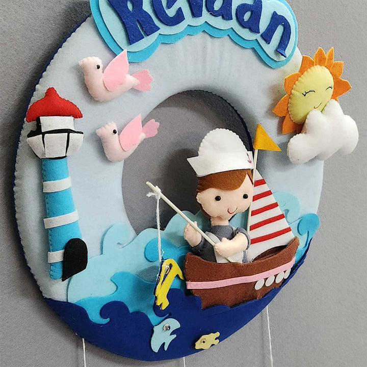Personalized Fishing Theme Felt Kids Name Plate - Front View with Name Personalization
