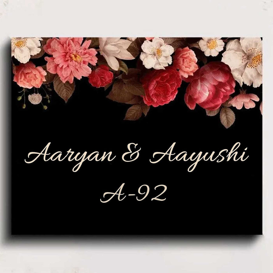 Printed Black Floral Wooden Rectangle Nameplate - Name Personalization Example Front View