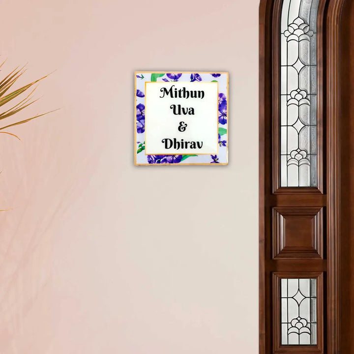 Blue Botanical Personalized Printed Square Resin Name Plate