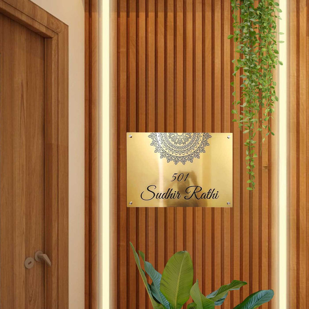 Personalized Weatherproof Stylish Gold Stainless Steel Name Plate - Mounted on Entryway Wall with Decor