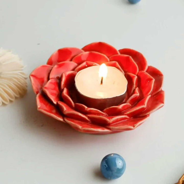Set of 4 | Handmade Phoolrani Ceramic Tealight Holder