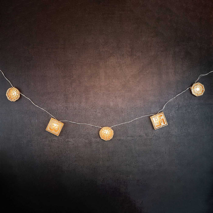 3 m, 11 Bulbs | Handmade Decorative Om & Swastik Shape 3D Wooden LED Fairy Light