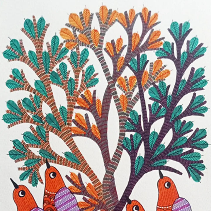 11 x 16 Inch | Birds Resting Under Tree | Original Hand Painted Tribal Gond Art Painting | Acrylic Paint On Paper