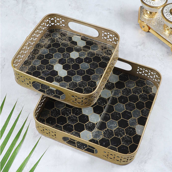 Handmade Black & Grey Blocks Meena Tray | Set Of 2