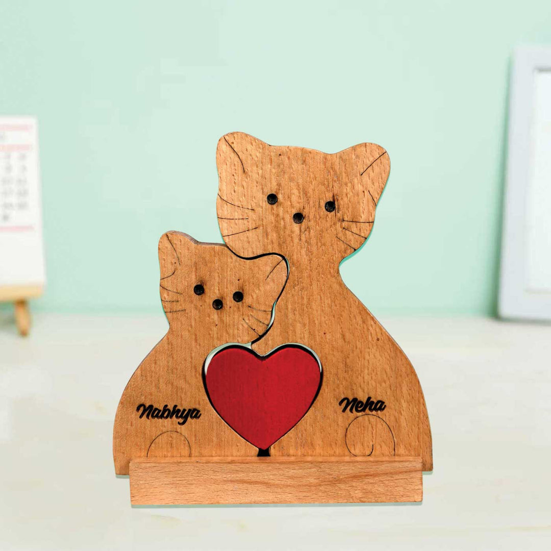 Personalized Cat Family Of 2 Wooden Figurine