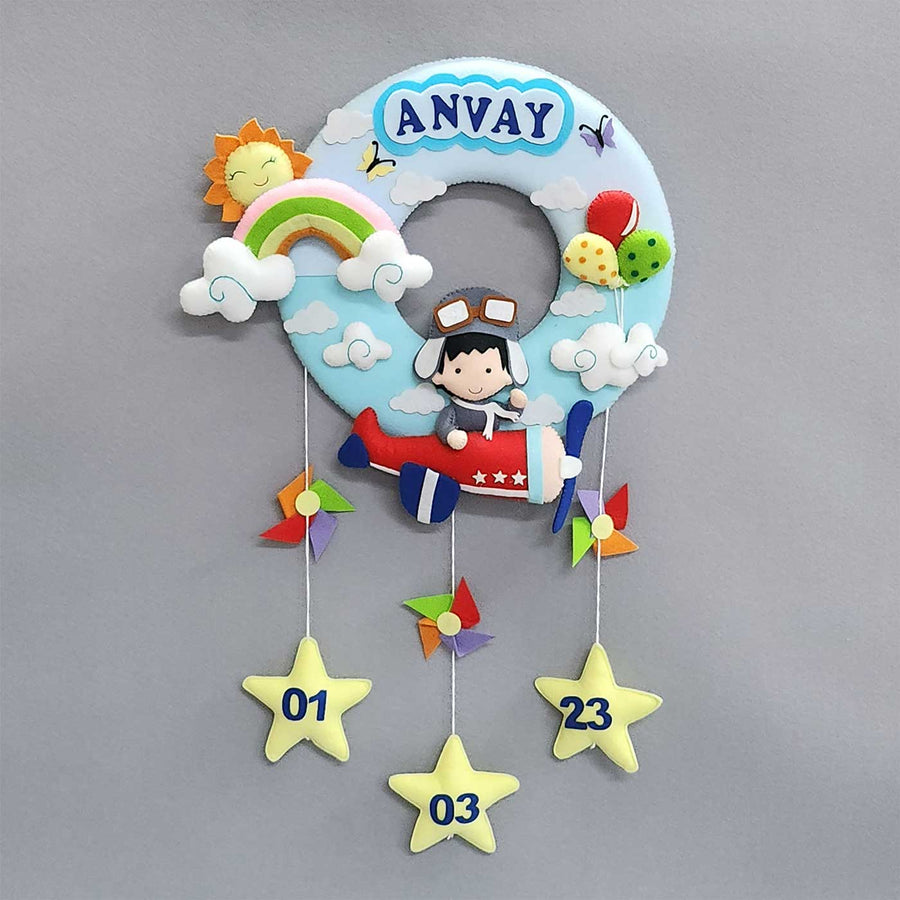 Personalized Aeroplane Theme Felt Kids Name Plate - Front View Hanging on Wall
