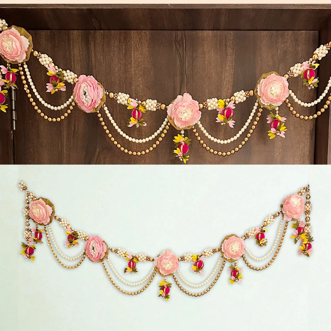 40 / 44 In | Handmade Beaded Pink Rose Flower & Moti Toran