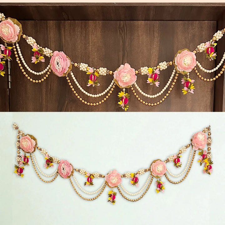 40 / 44 In | Handmade Beaded Pink Rose Flower & Moti Toran