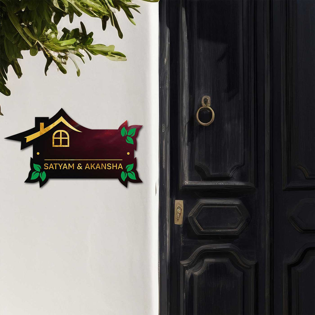 Personalized Golden Home Mdf Wood Name Plate - Mounted on Outdoor Wall Next to Door
