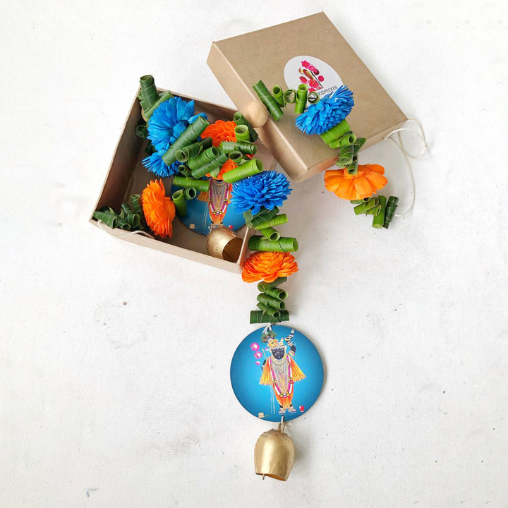 2 Pc | Handmade Divine Blue Krishna With Shola Flowers Wooden Hanging