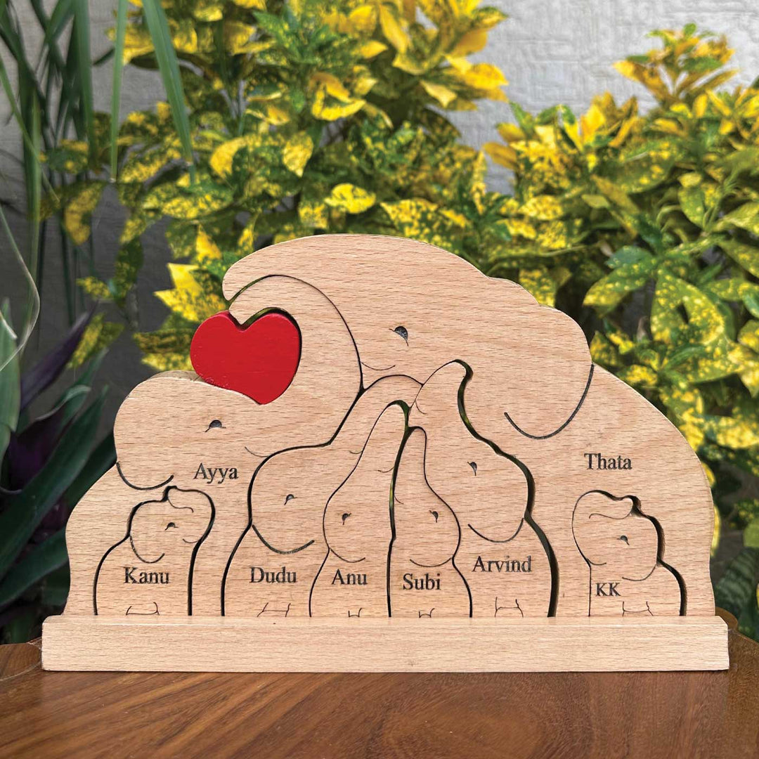 Personalized Elaphant Family Of 8 Wooden Figurine