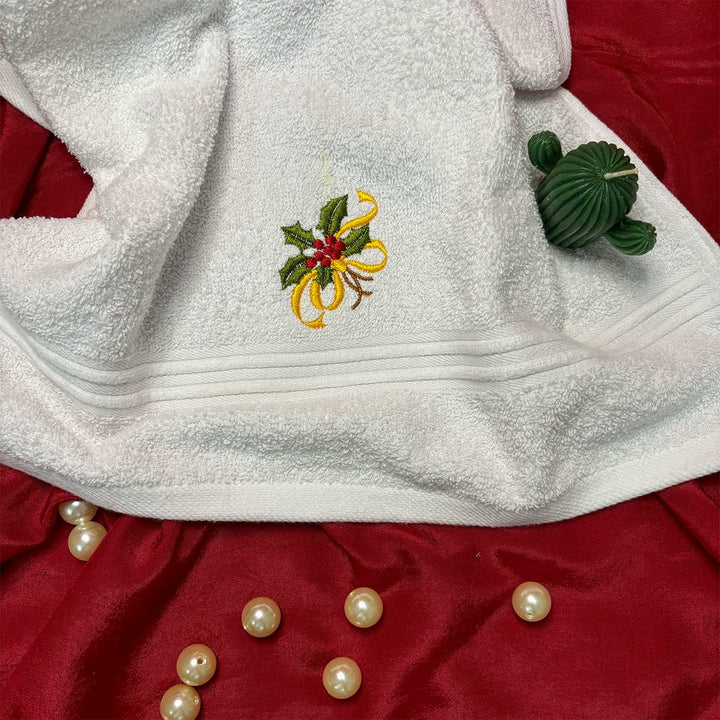 Personalized Holly Leaves Embroidered Cotton Hand Towel | Xmas Gifting Ideas